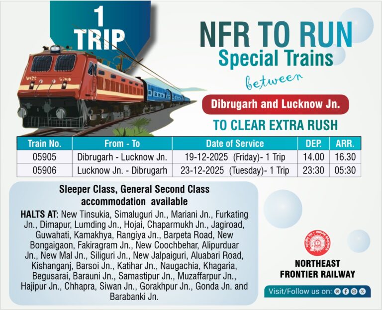 Northeast Frontier Railway :डिब्रूगढ़–लखनऊ के बीच स्पेशल ट्रेन का परिचालन, बिहार-यूपी के यात्रियों को बड़ी राहत