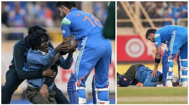 JSCA स्टेडियम में बड़ी सुरक्षा चूक! सुरक्षा घेरा को तोड़ मैदान में पहुंच गया फैन, विराट कोहली के पैरों पर गिरा, घटना का वीडियो वायरल