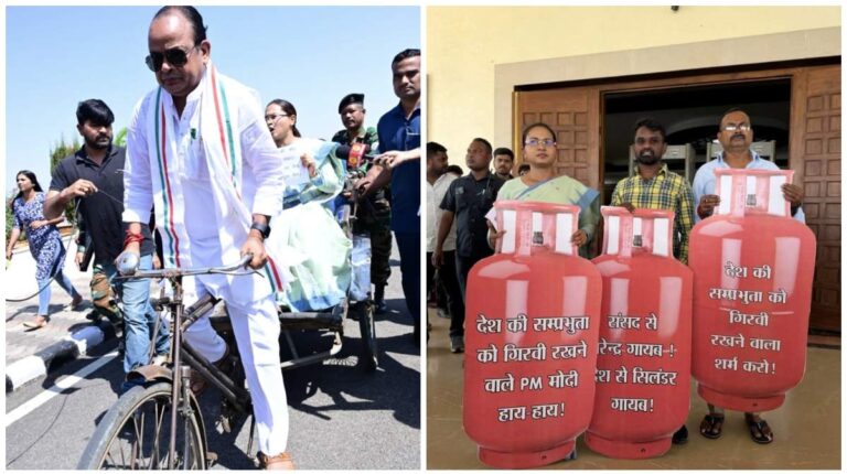 LPG किल्लत को लेकर सत्ता पक्ष का विरोध प्रदर्शन, कृषि मंत्री को बैठाकर रिक्शा चलाते हुए विधानसभा पहुंचे स्वास्थ्य मंत्री