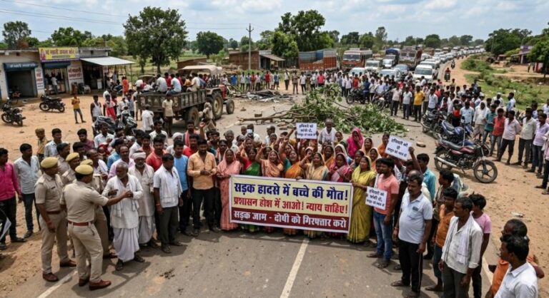 Road Accident: सड़क हादसे में 8 साल के बच्चे की मौत, आक्रोशित ग्रामीणों ने किया सड़क जाम, पुलिसकर्मियों पर भी हमला, दो जवान जख्मी