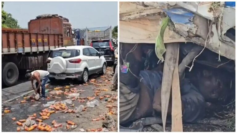 Road Accident: ट्रक अनियंत्रित होकर सड़क किनारे पलटा, केबिन में फंसा चालक, सड़क पर बिखरी कोल्ड ड्रिंक लूटते रहे लोग